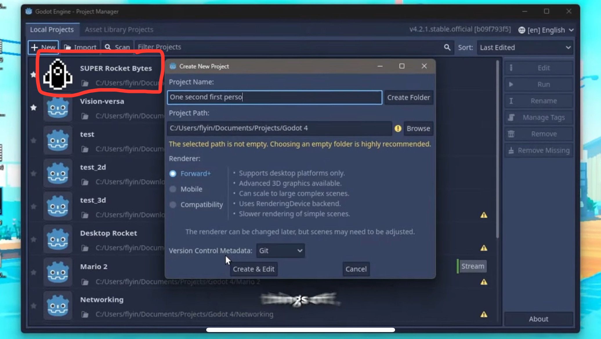 A screenshot of my Godot editor. My project "Super Rocket Bytes" is circled in red by me after taking a screenshot from the video