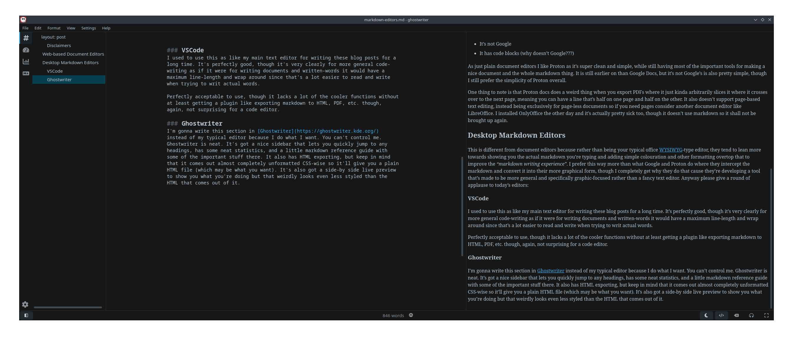 A screenshot of this blog post in the Ghostwriter editor