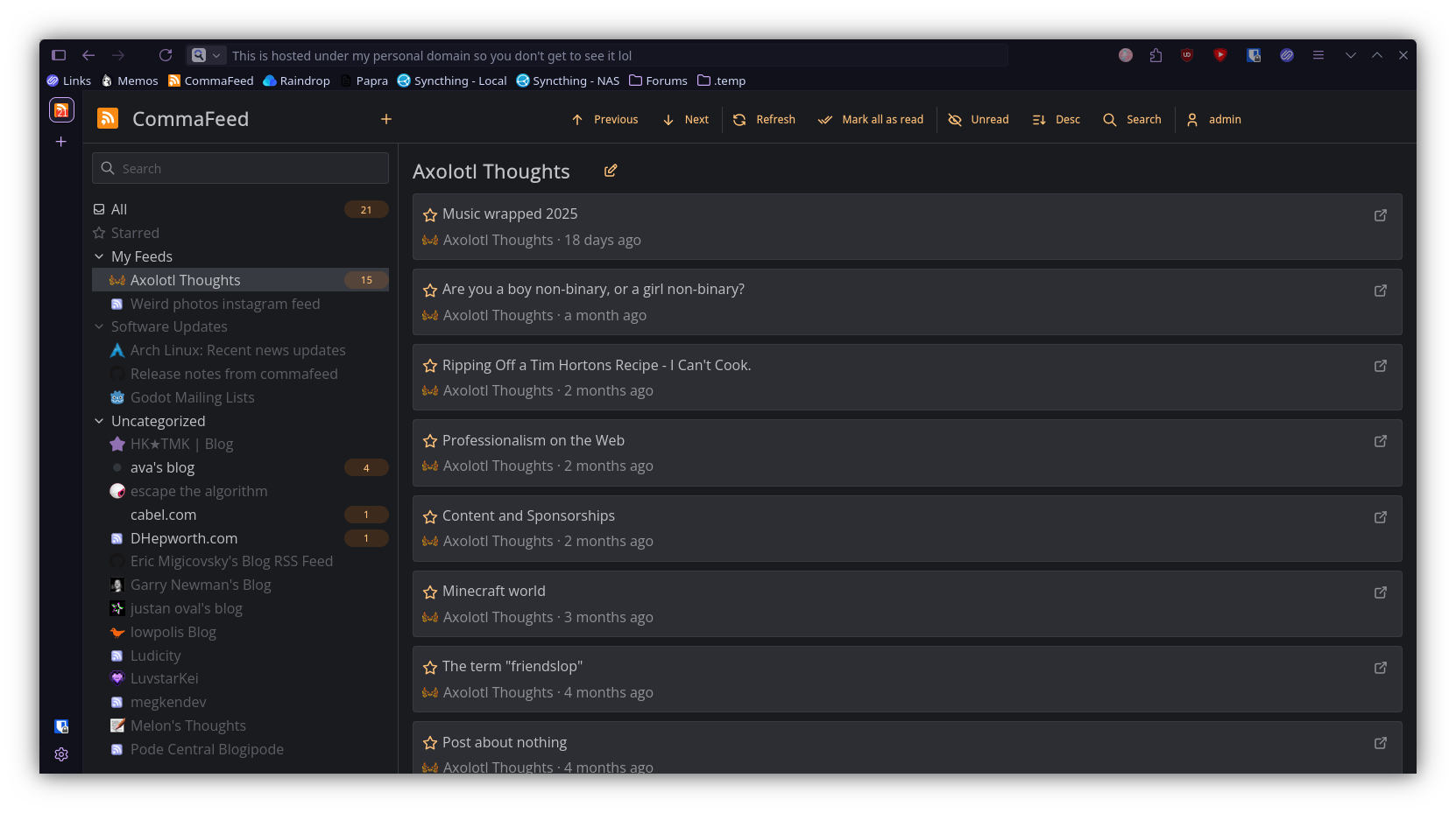 My Commafeed, showing this blog