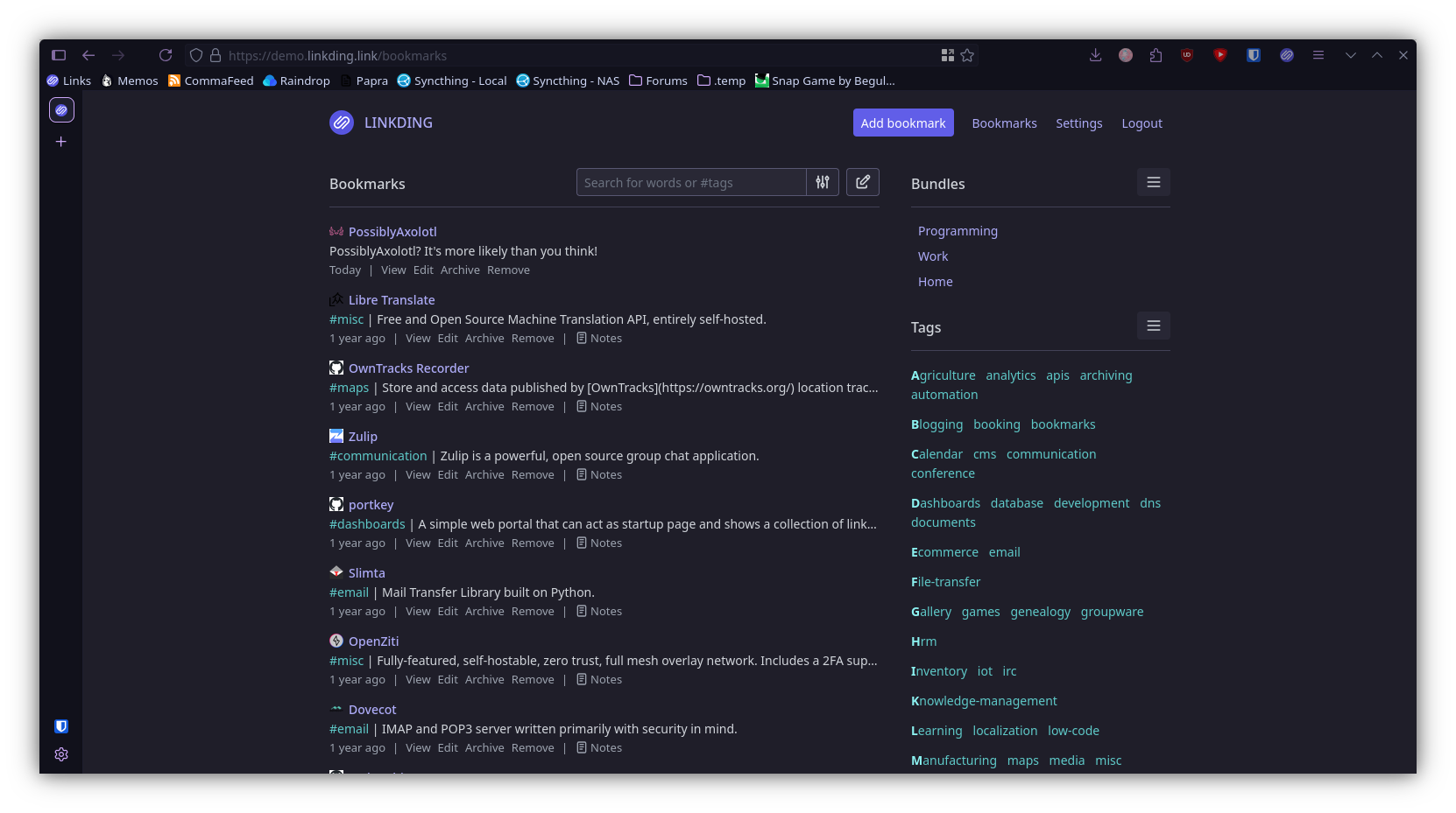 The Linkding demo page
