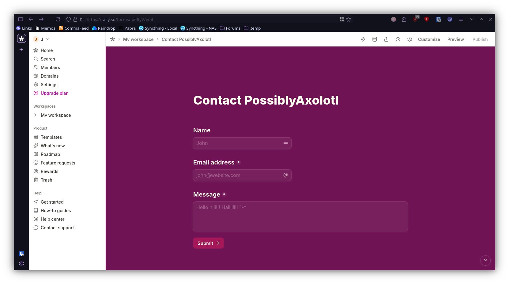 My contact form made in Tally